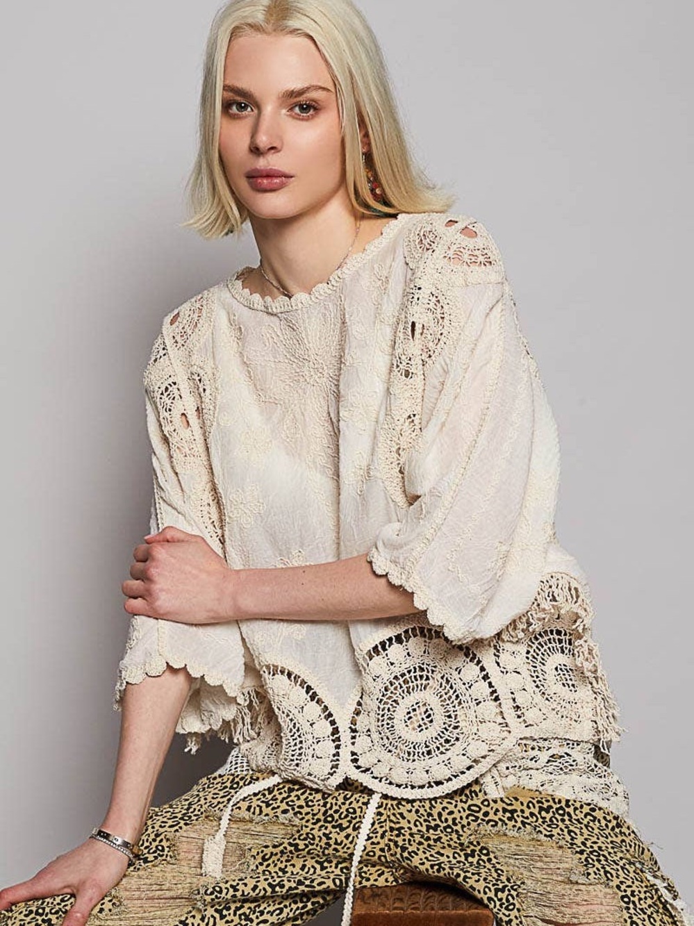POL One Cream Crochet Lace Boho Tunic Top | One Size | Cottagecore Festival